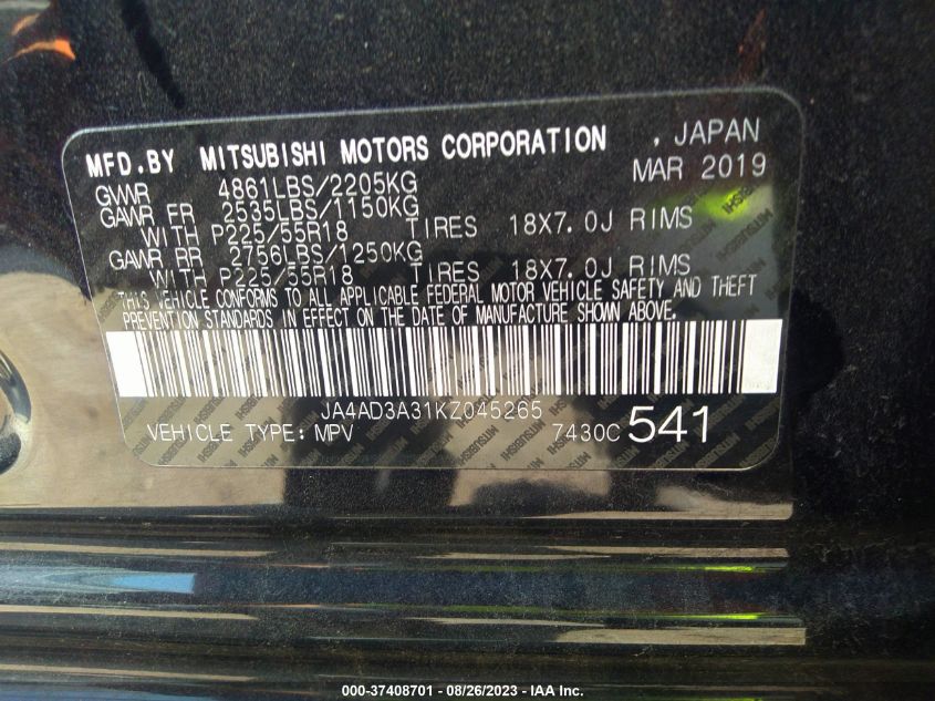 2019 MITSUBISHI OUTLANDER SE/SEL/LE - JA4AD3A31KZ045265