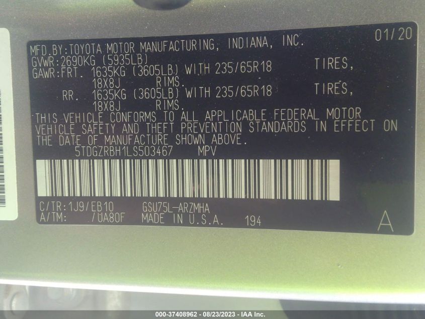 2020 TOYOTA HIGHLANDER XLE - 5TDGZRBH1LS503467