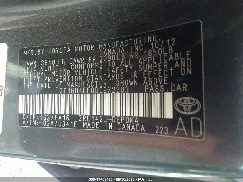 2013 TOYOTA COROLLA L/LE/S - 2T1BU4EE0DC972203
