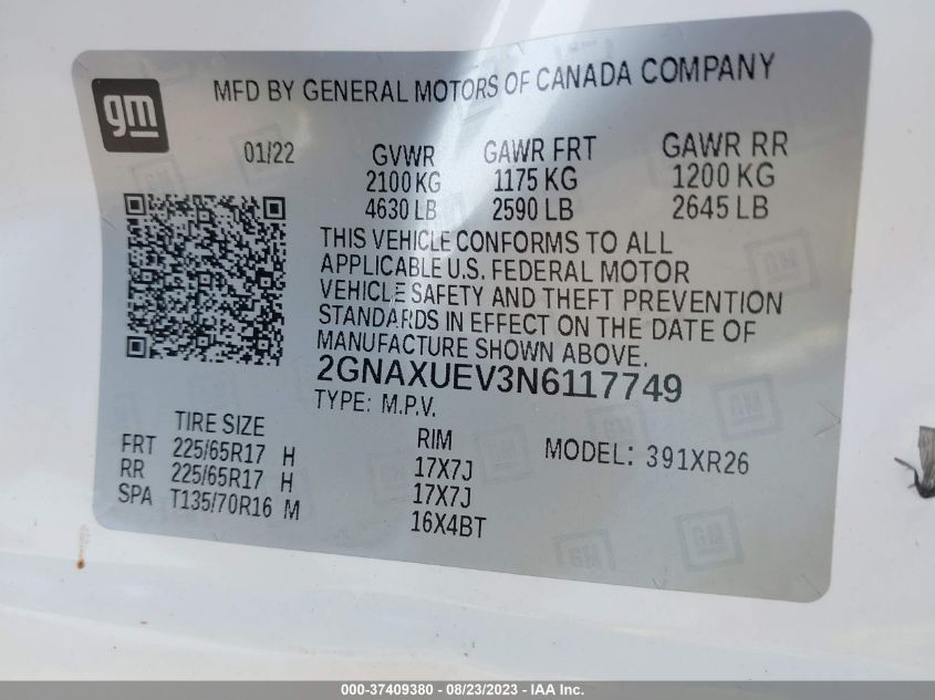 2022 CHEVROLET EQUINOX LT - 2GNAXUEV3N6117749