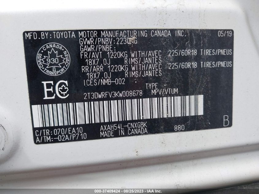 2019 TOYOTA RAV4 LIMITED - 2T3DWRFV3KW008678