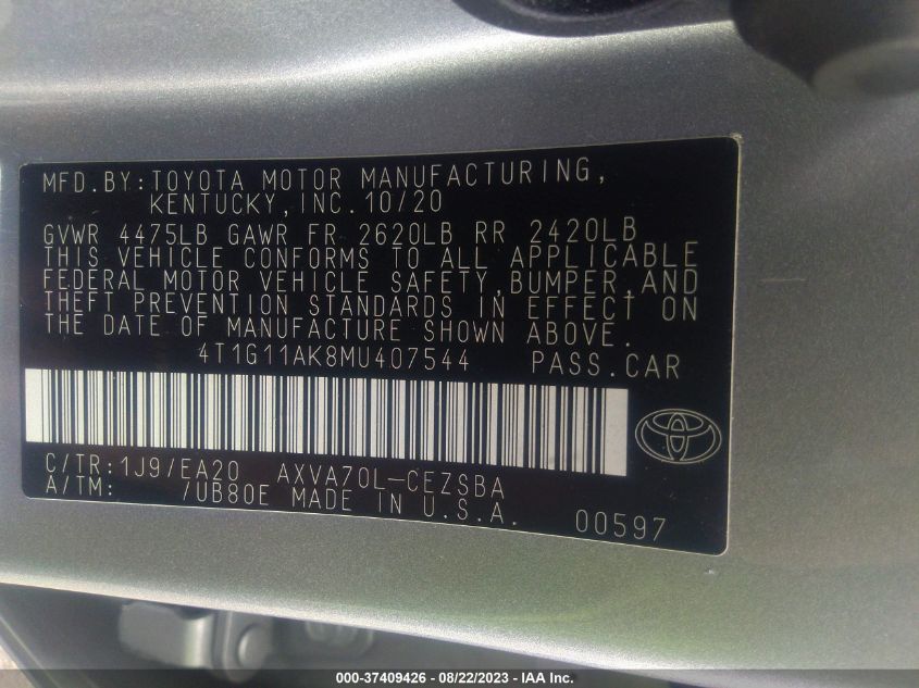 2021 TOYOTA CAMRY SE - 4T1G11AK8MU407544