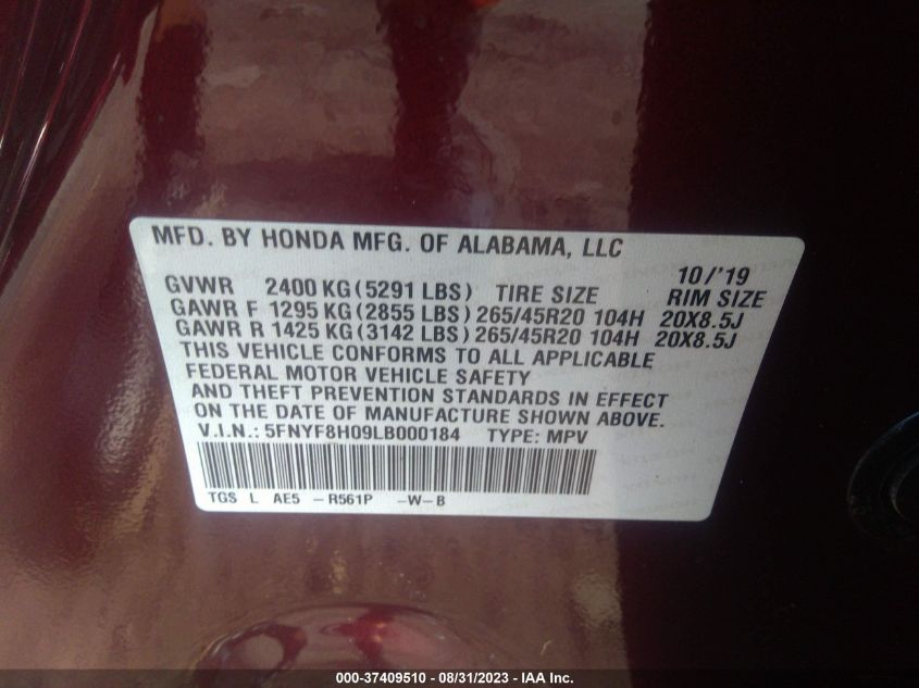 2020 HONDA PASSPORT ELITE 5FNYF8H09LB000184