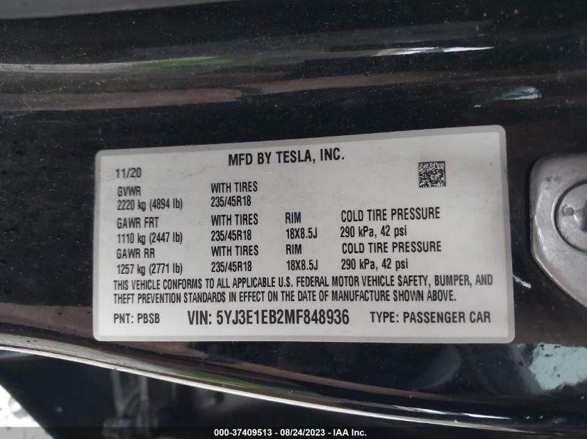 2021 TESLA MODEL 3 LONG RANGE - 5YJ3E1EB2MF848936