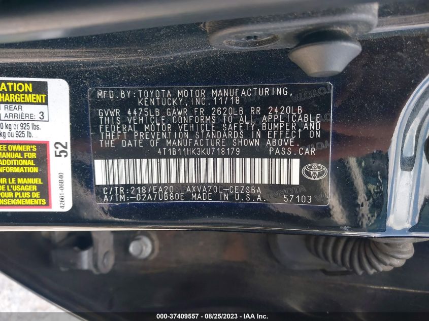 2019 TOYOTA CAMRY LE/SE/XLE/L - 4T1B11HK3KU718179