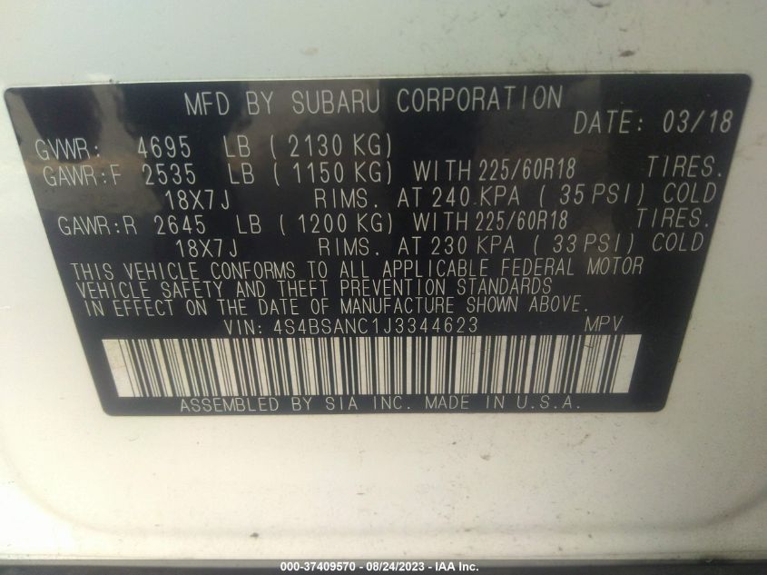 2018 SUBARU OUTBACK LIMITED - 4S4BSANC1J3344623