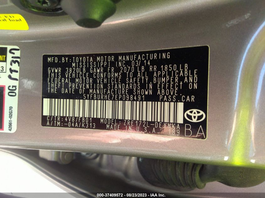 2014 TOYOTA COROLLA L/LE/S/S PLUS/LE PLUS - 5YFBURHE7EP098491