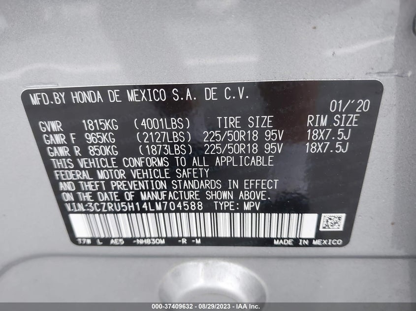 VIN 3CZRU5H14LM704588 2020 HONDA HR-V SPORT