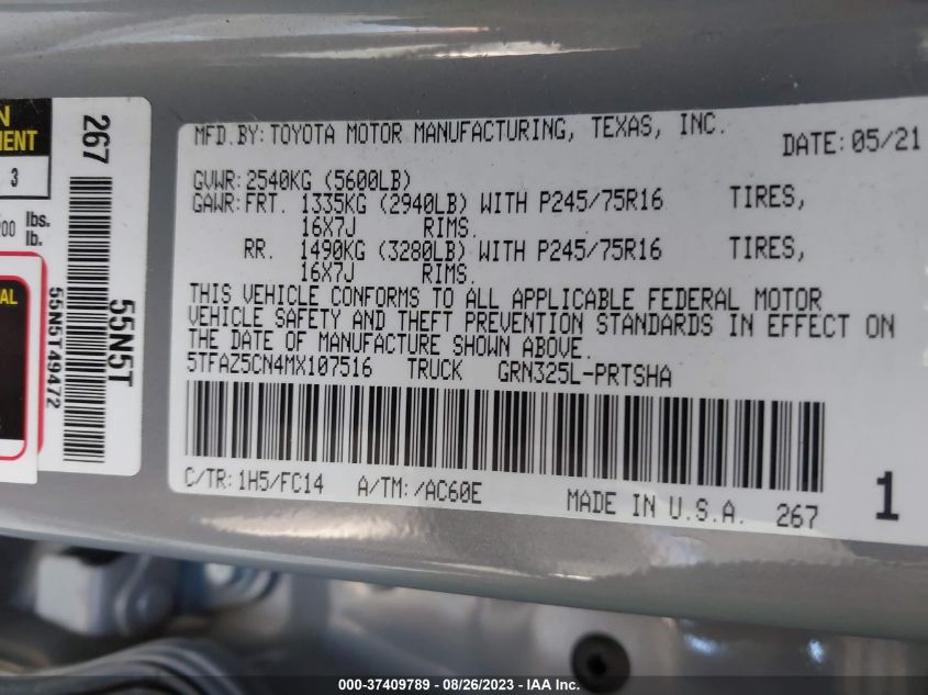 2021 TOYOTA TACOMA 2WD SR5/TRD SPORT 5TFAZ5CN4MX107516