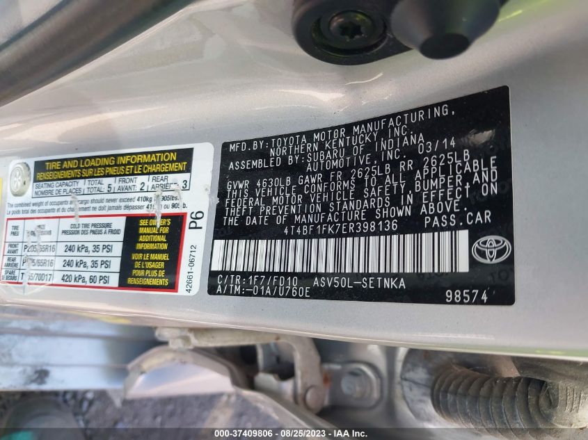 2014 TOYOTA CAMRY L/SE/LE/XLE - 4T4BF1FK7ER398136