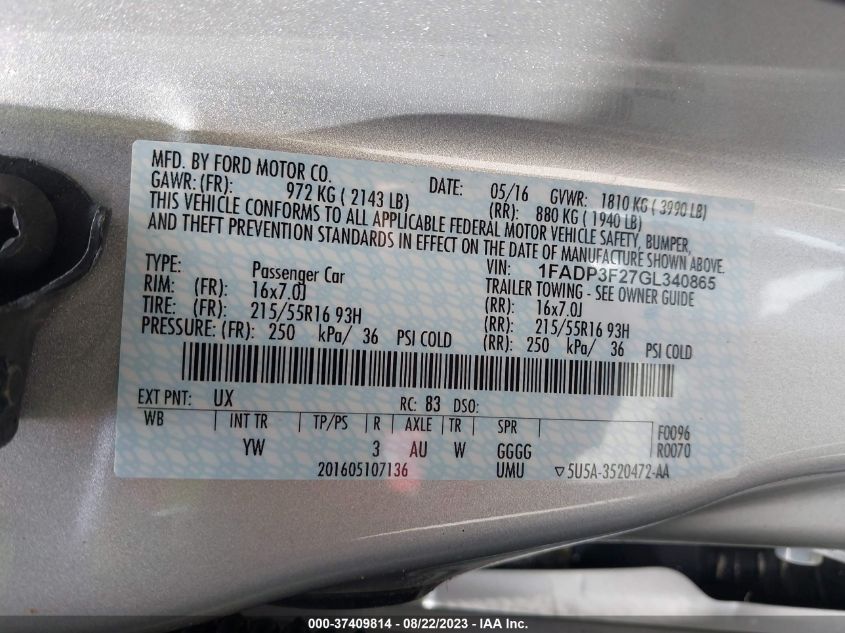 2016 FORD FOCUS SE - 1FADP3F27GL340865