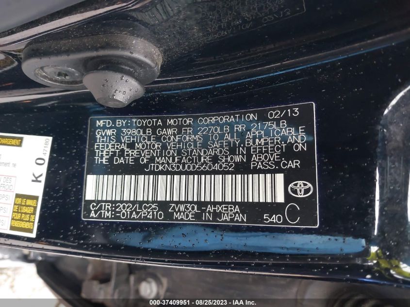 2013 TOYOTA PRIUS ONE/TWO/THREE/FOUR/FIVE - JTDKN3DU0D5604052