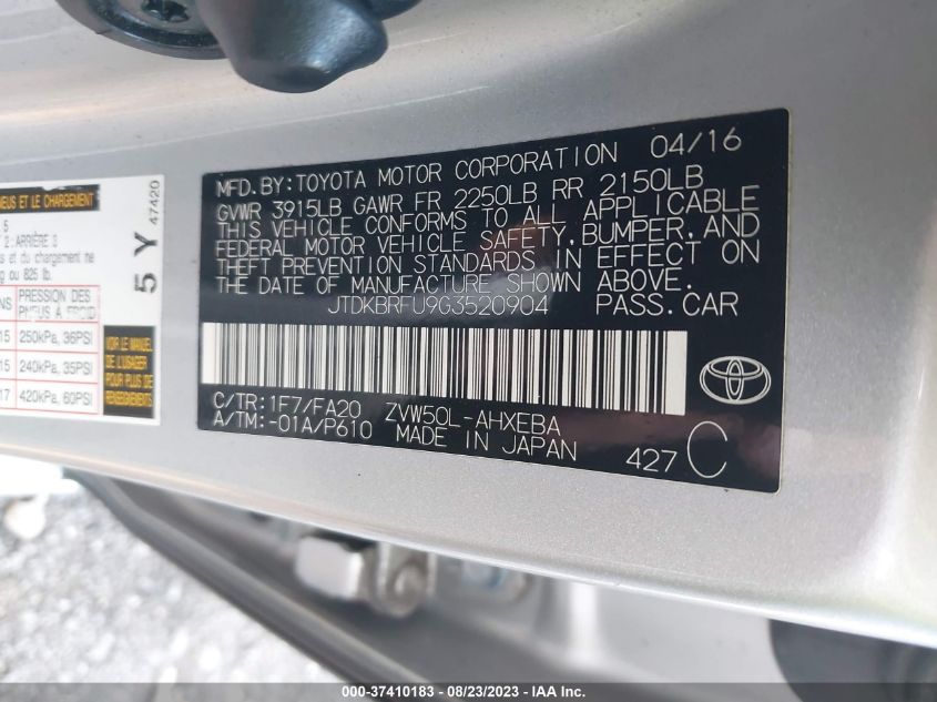 2016 TOYOTA PRIUS TWO - JTDKBRFU9G3520904