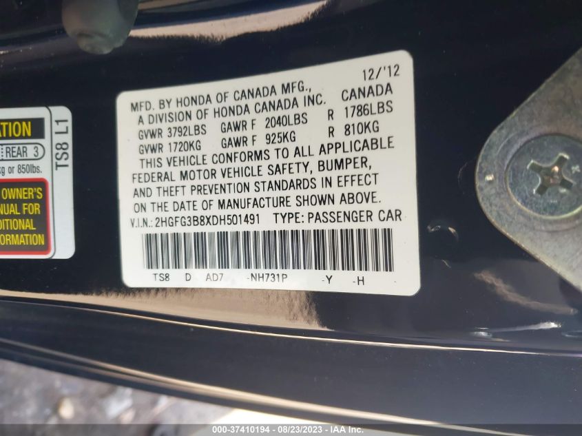 2013 HONDA CIVIC CPE EX 2HGFG3B8XDH501491