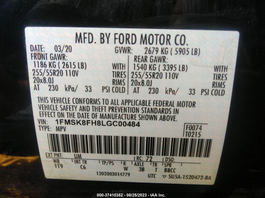2020 FORD EXPLORER LIMITED - 1FMSK8FH8LGC00484