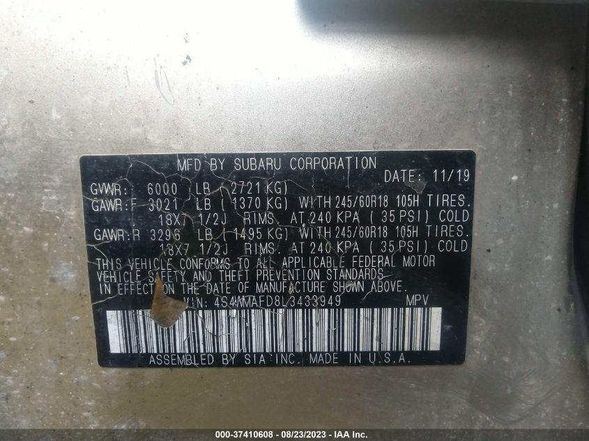 2020 SUBARU ASCENT PREMIUM - 4S4WMAFD8L3433949