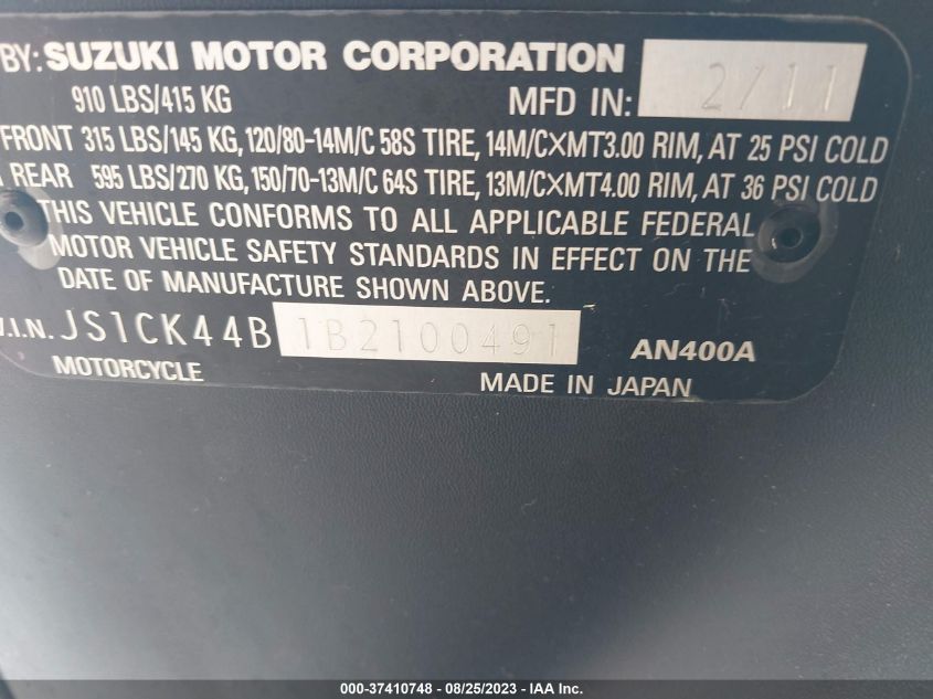 2011 SUZUKI AN400 A JS1CK44B1B2100491