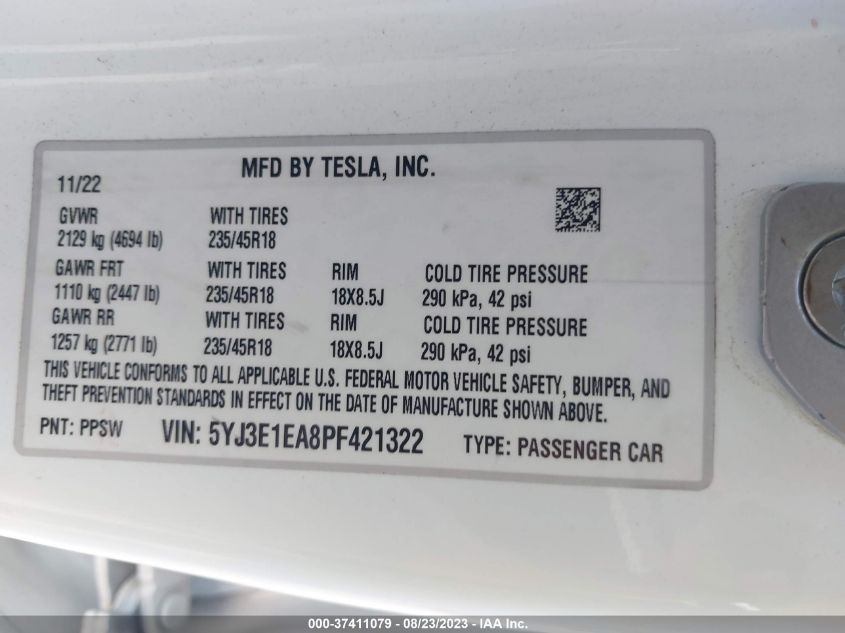 2023 TESLA MODEL 3 - 5YJ3E1EA8PF421322