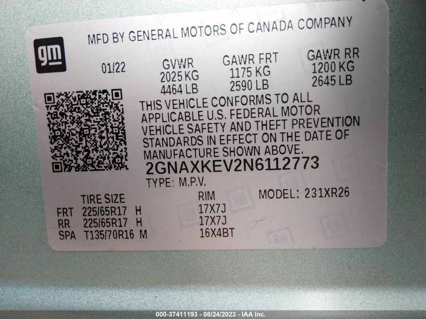 2022 CHEVROLET EQUINOX LT - 2GNAXKEV2N6112773