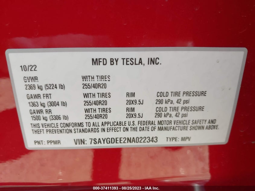 VIN 7SAYGDEE2NA022343 2022 TESLA MODEL Y LONG RANGE