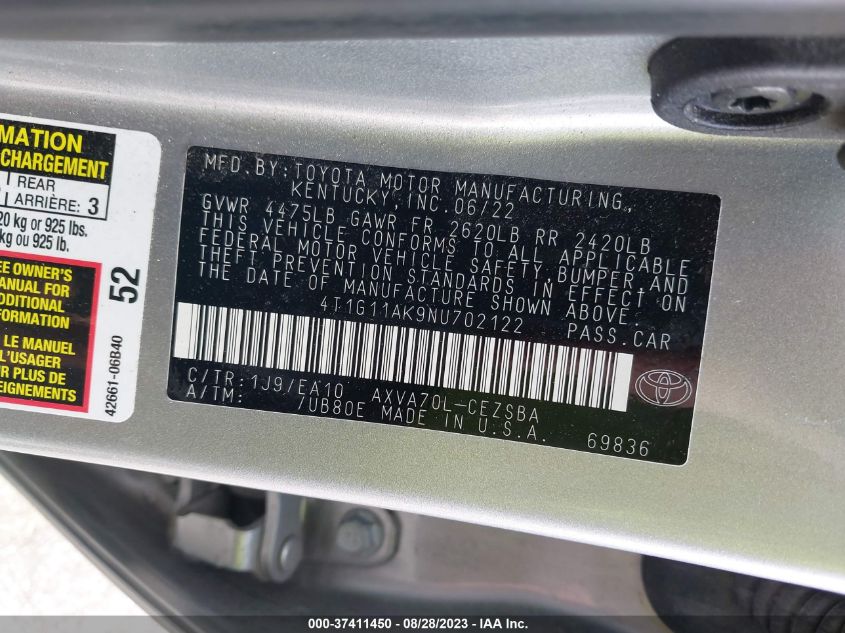 2022 TOYOTA CAMRY SE - 4T1G11AK9NU702122