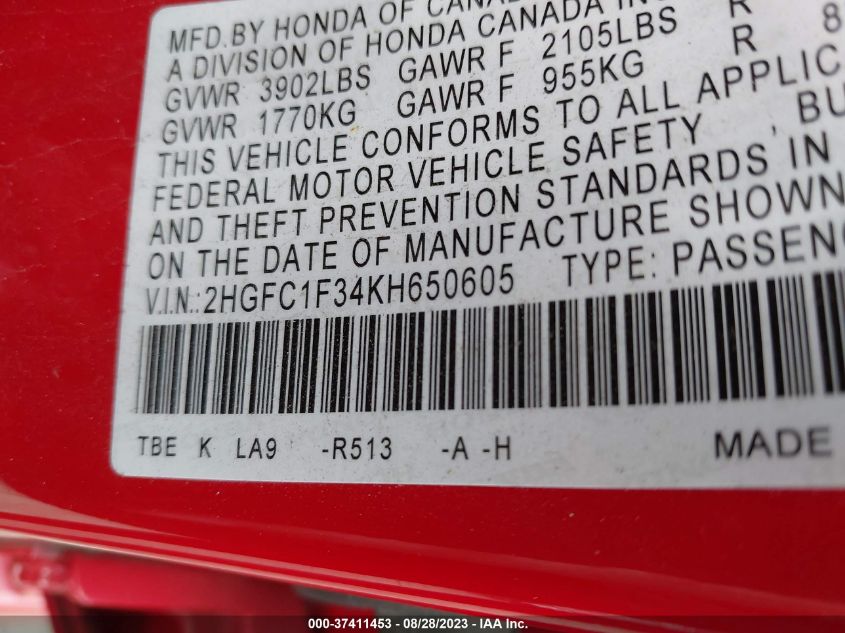 2019 HONDA CIVIC SEDAN EX - 2HGFC1F34KH650605
