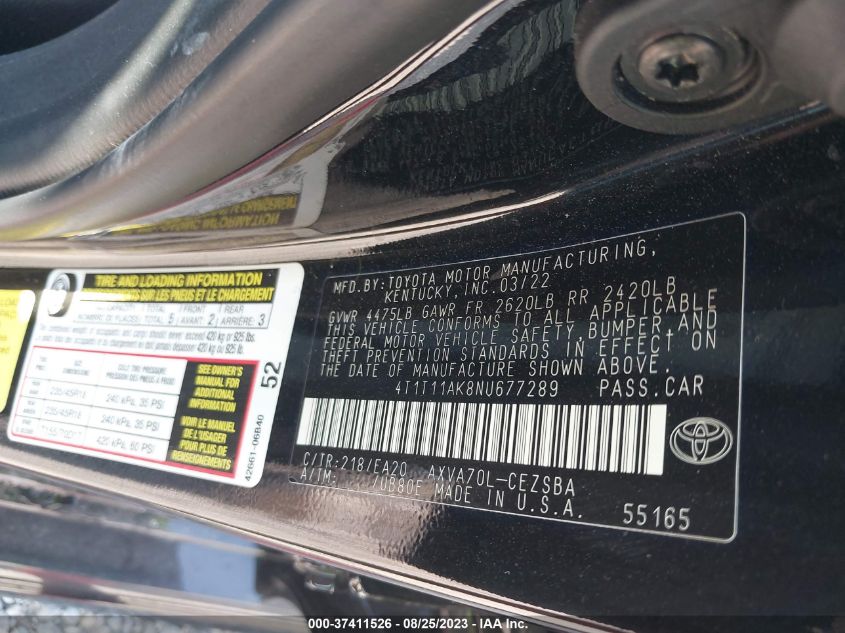 2022 TOYOTA CAMRY SE - 4T1T11AK8NU677289