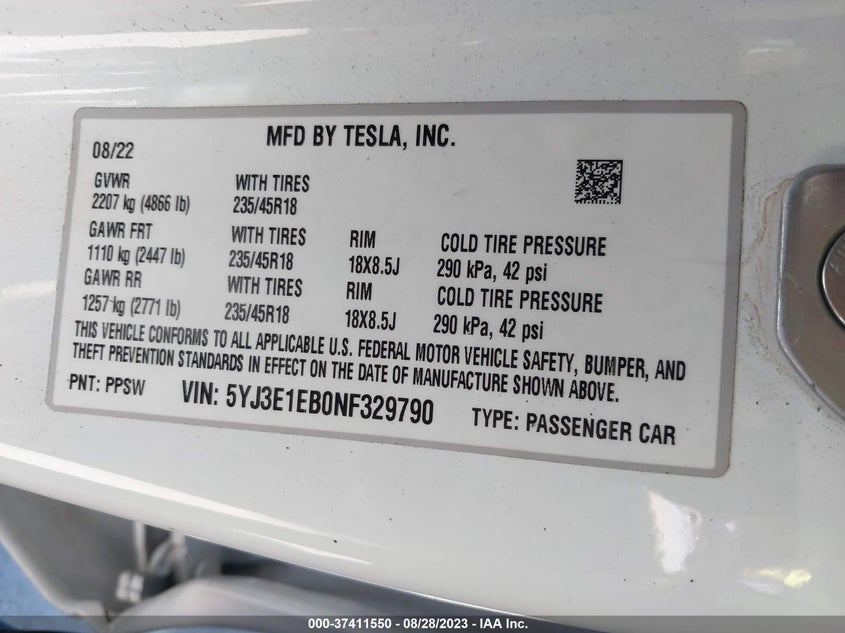 VIN 5YJ3E1EB0NF329790 2022 TESLA MODEL 3 LONG RANGE