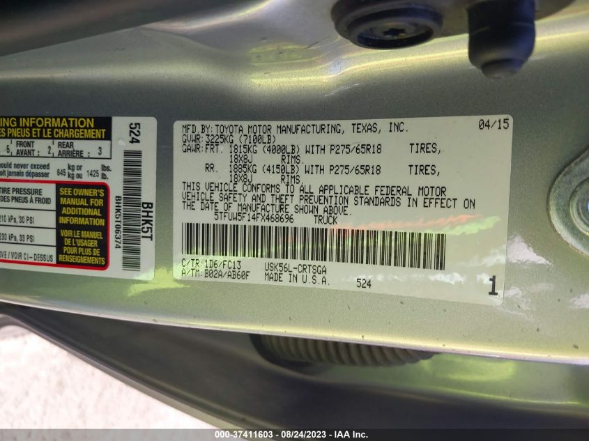 2015 TOYOTA TUNDRA 4WD TRUCK SR/SR5/TRD PRO 5TFUW5F14FX468696