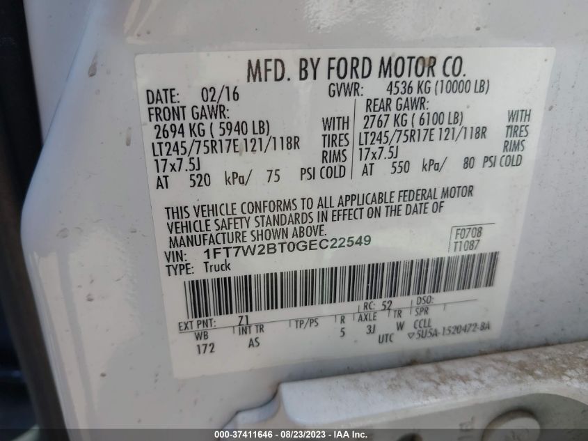 2016 FORD SUPER DUTY F-250 SRW LARIAT/PLATINUM - 1FT7W2BT0GEC22549