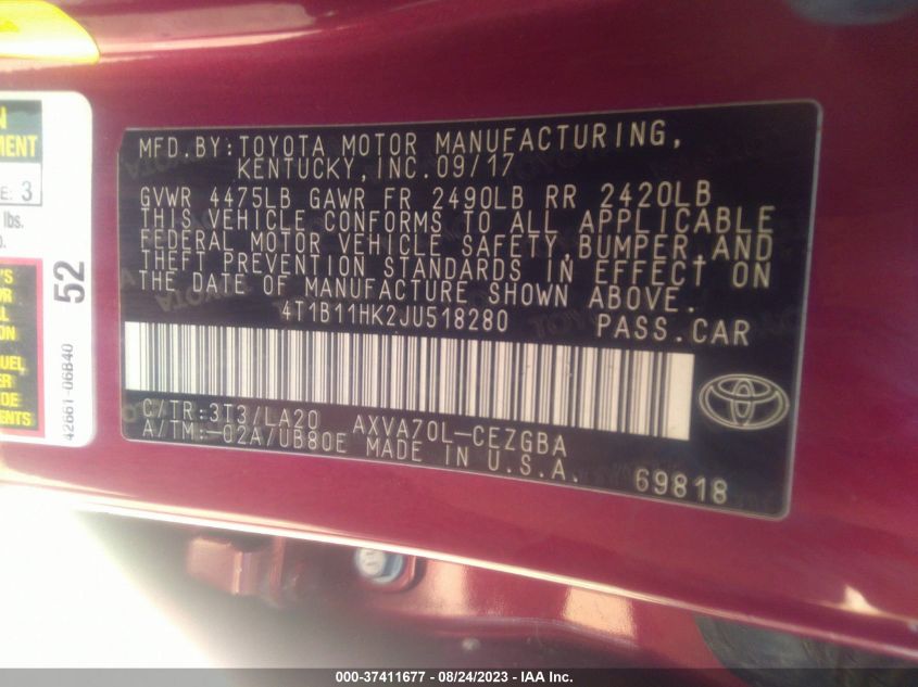 2018 TOYOTA CAMRY LE/SE/XLE/L - 4T1B11HK2JU518280