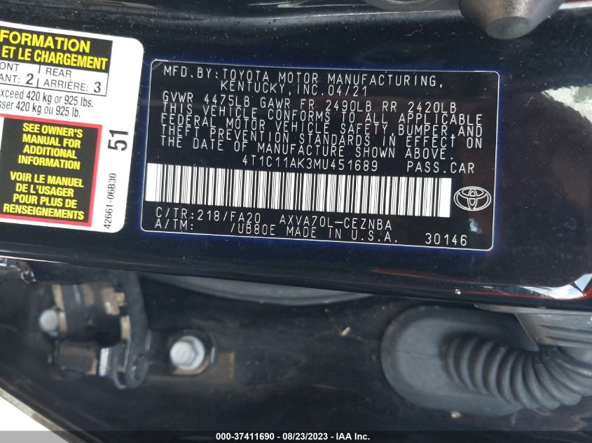 2021 TOYOTA CAMRY LE - 4T1C11AK3MU451689