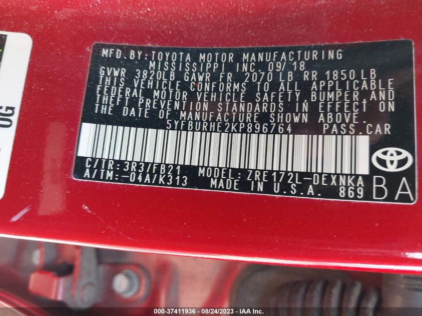 2019 TOYOTA COROLLA L/LE/SE/XLE/XSE - 5YFBURHE2KP896764