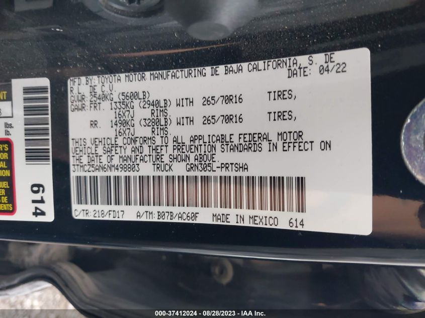 2022 TOYOTA TACOMA 4WD SR/SR5/TRD SPORT - 3TMCZ5AN6NM498803