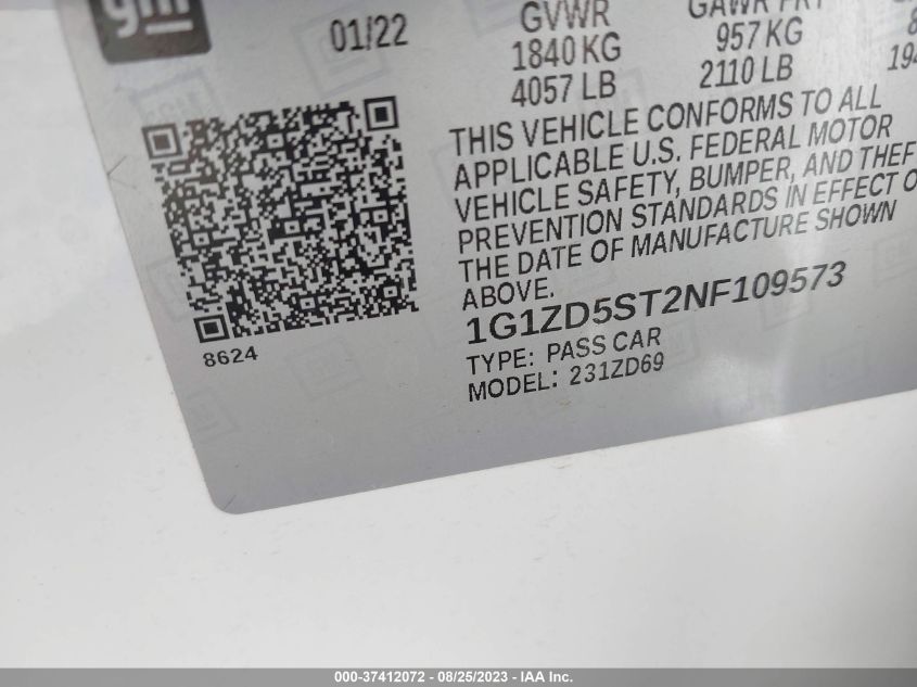 2022 CHEVROLET MALIBU LT - 1G1ZD5ST2NF109573