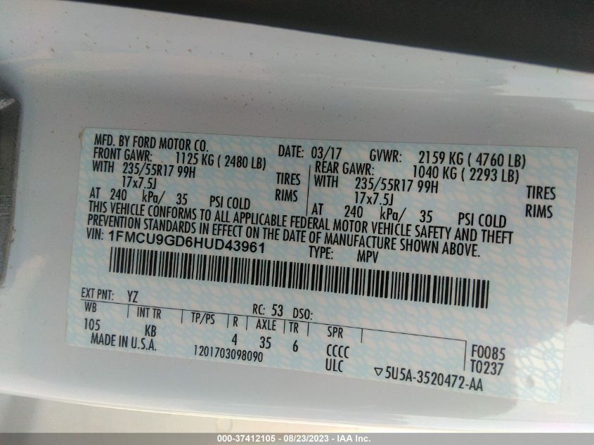 1FMCU9GD6HUD43961 2017 FORD ESCAPE, photo no. 9