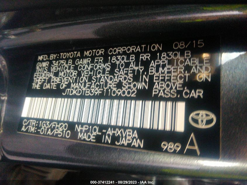 2015 TOYOTA PRIUS C ONE/TWO/THREE/FOUR - JTDKDTB39F1109002
