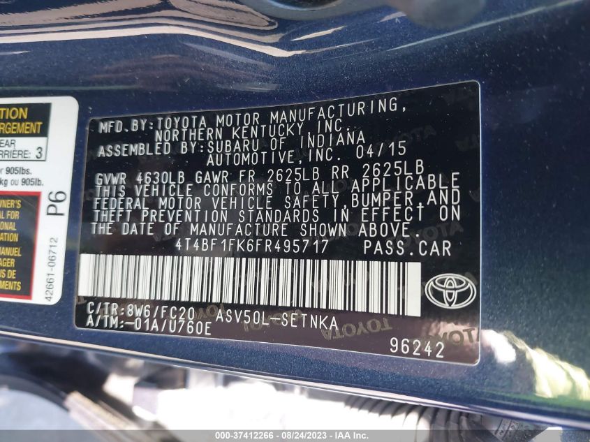 2015 TOYOTA CAMRY XLE/SE/LE/XSE - 4T4BF1FK6FR495717