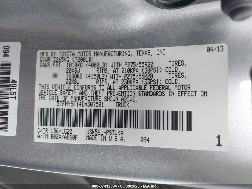 2013 TOYOTA TUNDRA PLATINUM 5.7L V8 5TFHY5F14DX307581