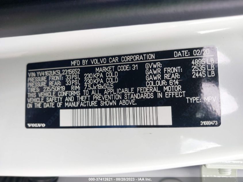 2020 VOLVO XC40 MOMENTUM YV4162UK5L2315652