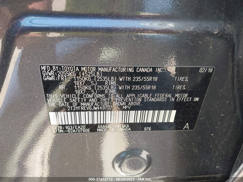 VIN 2T3YFREV6JW449707 2018 TOYOTA RAV4 LIMITED/PLATINUM