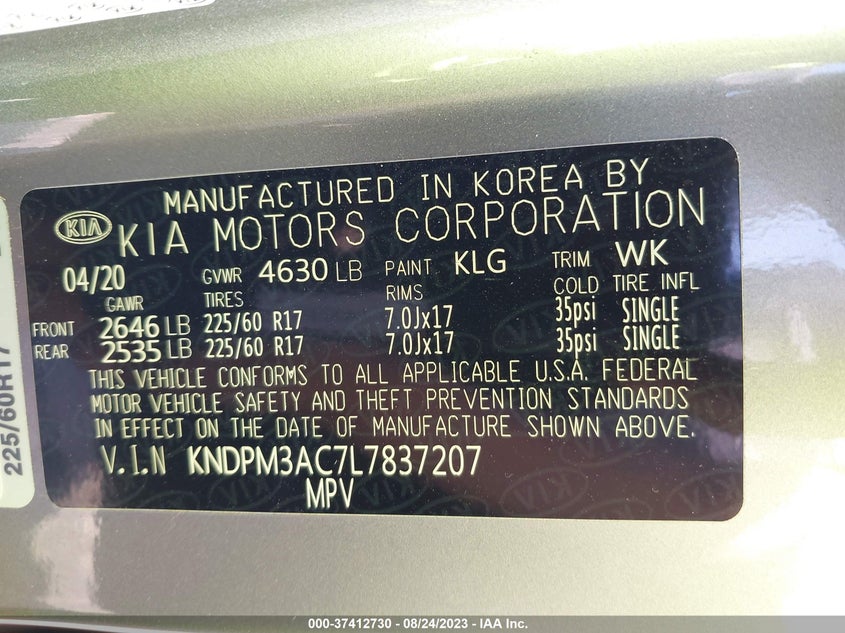 VIN KNDPM3AC7L7837207 2020 KIA SPORTAGE LX