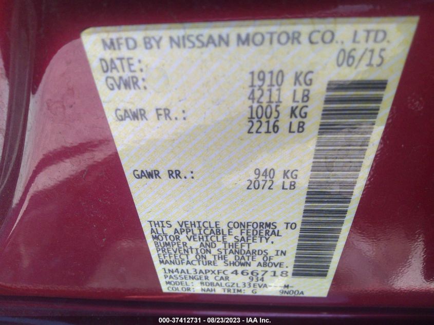 2015 NISSAN ALTIMA 2.5 S - 1N4AL3APXFC466718