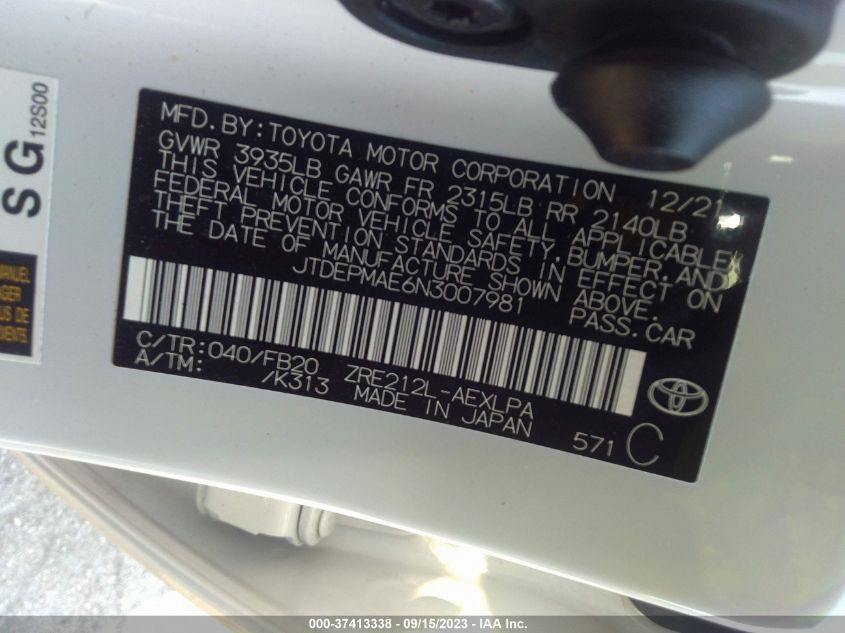 2022 TOYOTA COROLLA LE - JTDEPMAE6N3007981