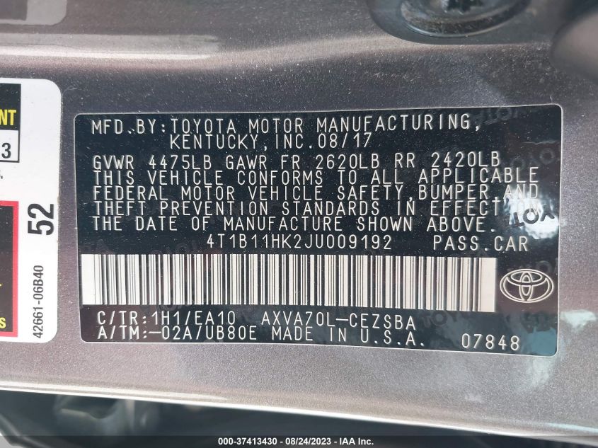 2018 TOYOTA CAMRY SE - 4T1B11HK2JU009192