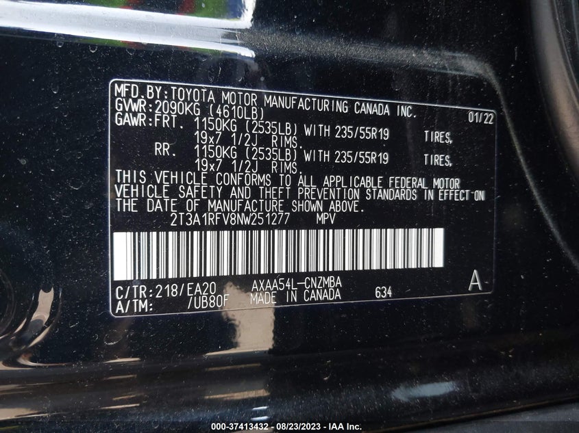 VIN 2T3A1RFV8NW251277 2022 TOYOTA RAV4 XLE PREMIUM