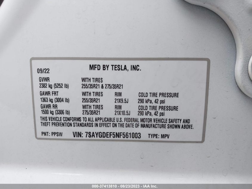 2022 TESLA MODEL Y PERFORMANCE - 7SAYGDEF5NF561003