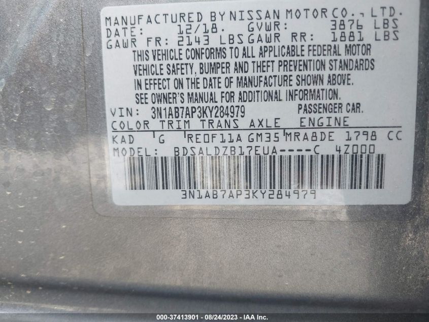 2019 NISSAN SENTRA SV - 3N1AB7AP3KY284979