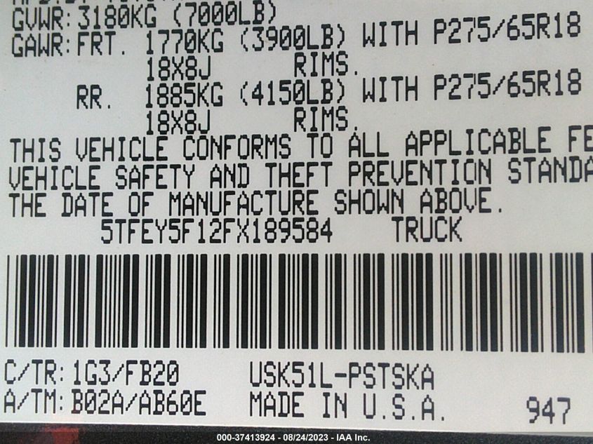 2015 TOYOTA TUNDRA 2WD TRUCK SR5 5TFEY5F12FX189584