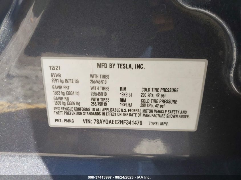 VIN 7SAYGAEE2NF341470 2022 TESLA MODEL Y LONG RANGE